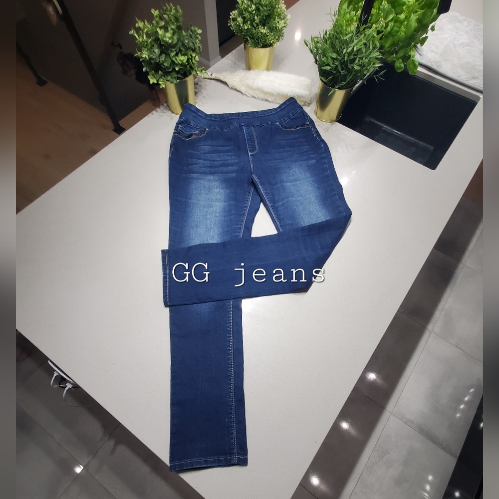 GG JEANS Superbe jeans de qualité avec cuir vegan bande amincissante à la taille